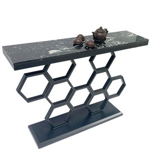 Luxury Black Marble Top Console <b>Table</b> with Creative Honeycomb Metal Base, Modern Oval Side <b>Table</b> for Hotel & Home Decor - Product Image 1