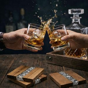 Ensemble de sous-verres carrés en bois écologiques de qualité supérieure pour table à manger, diamètre 300 mm, design champêtre, résine avec feuille d'argent, pour thé et café - Product Image 3