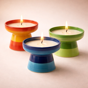 Vase à bougie en céramique rayé sur piédestal, bol large, épais, durable, résistant à la chaleur, finition lisse, mèche unique, décoration moderne pour la maison - Product Image 1