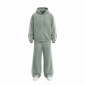 Custom <b>Acid</b> <b>Wash</b> Zip Up Hoodie and Wide Leg Sweatpants Set Oversized Streetwear Tracksuit - Product Image 3