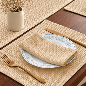 Beige Waffle Weave Table <b>Runner</b> and Placemat Set <b>Washable</b> Fabric Nordic Dining Decor - Product Image 2