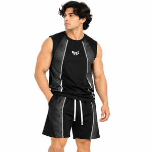 Premium Plus Size <b>Black</b> Sleeveless Activewear Contrast Panel <b>Tank</b> <b>Top</b> Drawstring Shorts Custom Design OEM Wholesale Summer <b>Tops</b> - Product Image 6
