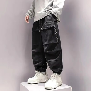 Summer Street Style Solid Color Trousers Men High Waist Elastic Waist Drawstring Bound Feet <b>Cargo</b> <b>Pants</b> Pockets <b>Waterproof</b> - Product Image 2
