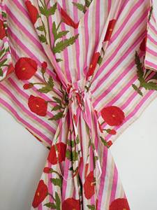 Robe Kaftan Vintage pour Femme, Imprimé Floral Jungle, Dentelle, Col en V, Manches 3/4, Longueur Genou, Coupe A-Line, Oversize, 100% Coton, Style Bohème Plage - Product Image 4