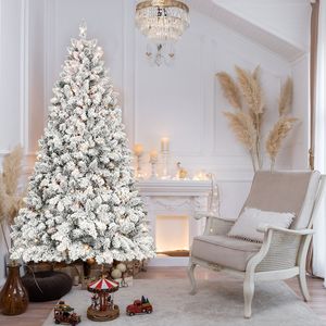 Albero di Natale floccato da 120 cm con 150 luci UL, 21 coni di pino naturali, struttura a cerniera, base stabile, 366 punte in PVC effetto neve - Product Image 1
