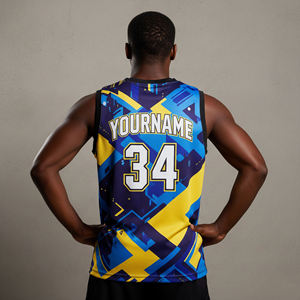 Maillot de basketball personnalisé sublimé pour homme, col en V, sans manches, imprimé géométrique jaune et bleu, respirant, coupe athlétique - Product Image 3