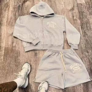 Conjunto Deportivo de Invierno para Hombre, Sudadera con Capucha y Pantalones Cortos, 100% Algodón, Estampado Terry, Lavado Ácido, con Logotipo Personalizado - Product Image 1