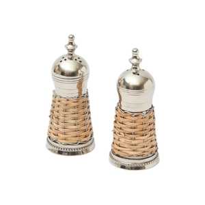 Saleros y Pimenteros de Metal Plateado con Base de Ratán Tejido, Estilo Vintage Boho Chic, Juego de Condimentos para Mesa de Restaurante - Product Image 1