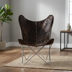 Handmade Genuine Leather Butterfly <b>Chair</b> Metal Legs Midcentury Modern Leisure <b>Chair</b> Living Room Furniture - Product Image 4