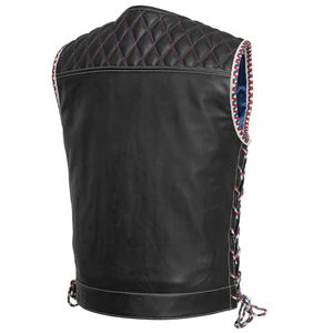 Gilet moto en cuir véritable pour homme, sans col, avec laçage latéral, vêtement d'extérieur d'hiver, couleur unie, style col en V, avec étiquette personnalisée - Product Image 1