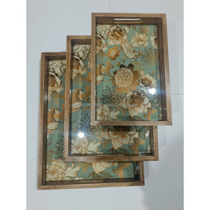 Ensemble de plateaux de service en bois de manguier faits à la main, art émaillé botanique doré, plateaux décoratifs en bois avec poignées, décoration de luxe pour la maison - Product Image 1