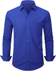 Camisa de Vestir para Hombre, Azul Rey, Manga Larga, Estilo Urbano, Cuello Clásico, Tejido de Punto, Talla Grande, para Verano - Product Image 1