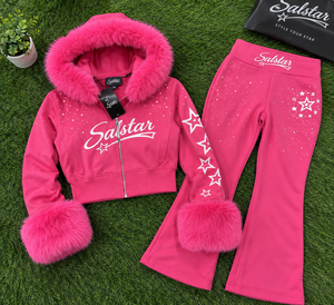 Women’s Pink <b>Velour</b> <b>Tracksuit</b> Set with Pink Fur Hood, Rhinestone Star Design & Flared Pants – Custom Logo Fashion Jogger Set - Product Image 6