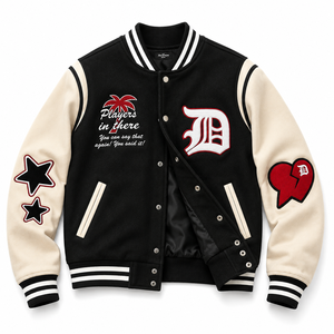 SINEWY SPORTS <b>Men's</b> Varsity <b>Jacket</b> Black Beige Embroidered <b>Letter</b> D Palm Tree Stars Heart Patch Casual Streetwear Outerwear - Product Image 5