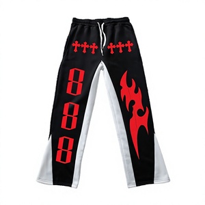 Men's <b>Black</b> Red Flame Print Flared Mid Waist Sweatpants Elastic Waist Drawstring Formal Side Stripe Joggers 100% Cotton - Product Image 1