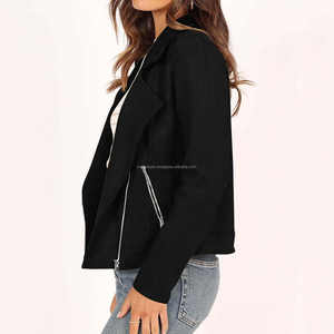 Vestes pour femmes en daim de Style motard noir avec fermeture éclair asymétrique col à revers manches longues recadrée Moto Fit Look Vintage moderne - Product Image 3