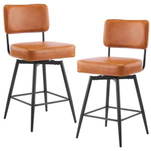 Tabourets de bar modernes marron avec dossier amovible, panneau arrière en bois courbé et pieds en métal (2 pièces) - Product Image 1