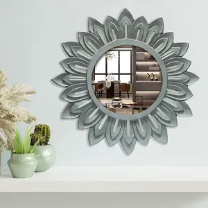 The Urban Store Wood Hand Crafted Floral Shape Vanity Wall Decorative Mirror Glass For Living Room And Dressing Room