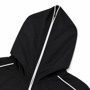 Unisex Black Hooded <b>Racer</b> <b>Jacket</b> Windproof Waterproof Zipper Closure Sporty Style Patchwork Front Design Summer Wear Regular Fit - Product Image 4