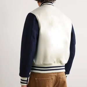 Men's Pu Varsity <b>Jacket</b> <b>White</b> Navy Striped Collar Stand Regular Fit Preppy Style Autumn Casual Streetwear Button Closure - Product Image 3