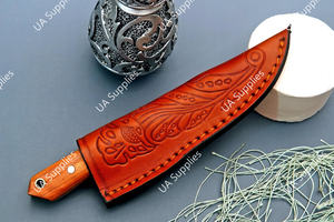 Cuchillo de caza profesional de alta calidad, forjado a mano en acero de Damasco, con hoja de espiga completa y punta recta, para exteriores, con funda de cuero. - Product Image 6