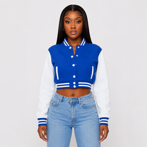 Women Crop Top Varsity Jacket Featuring Snap Button Front Rib Knit Trim And Relaxed Fit For Casual Daily Outfits New 2026 - Product Image 1