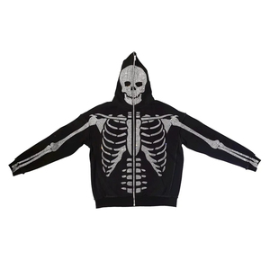 Sudadera con capucha de invierno con cremallera completa, diseño de armazón costalino, máscara facial de calavera, 100% algodón, estilo streetwear personalizado, esqueleto bordado para hombre, lavado a la piedra - Product Image 5