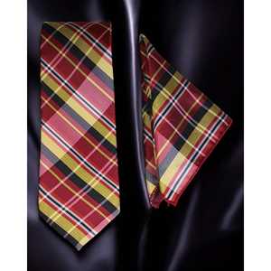 Cravate Benon Rouge Jaune Tartan Plaid Cravate Ensemble pour Vêtements de Mariage - Product Image 1