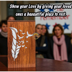 Urne funéraire artisanale en bois naturel avec motif de feuilles découpées et vague blanche, fabriquée à la main par AYAANS - Product Image 4