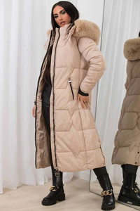 Veste d'hiver matelassée longue pour femme, beige, personnalisée, avec capuche en fausse fourrure, fermeture éclair intégrale, style doudoune, vente en gros OEM - Product Image 6