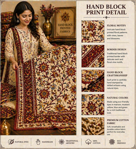 ชุดแผ่นรองจานพิมพ์ลายบล็อกมือแบบบากรู สีขาว ทำจากผ้าฝ้าย คุณภาพส่งออก สีธรรมชาติ ซักได้ ชุดผลงานชิ้นเอก - Product Image 6