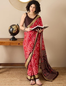 KV Women's Silk Blend <b>Red</b> Printed <b>Saree</b> With Unstitched Blouse - Product Image 5