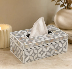 Caja de pañuelos rectangular con incrustaciones de nácar estilo costero, organizador decorativo para mesa del hogar - Product Image 1