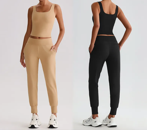 Women Olive Green Seamless Yoga <b>Set</b> <b>Square</b> Neck Spaghetti Strap Crop Top With Pockets High Waist Joggers Breathable Activewear - Product Image 5