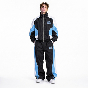 Survêtement homme color block avec veste coupe-vent zippée et poches latérales, pantalon ample en nylon respirant et imperméable - Product Image 2