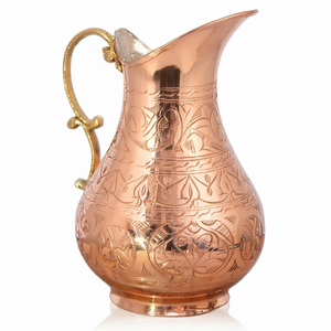 Pichet en cuivre gravé à la main avec motifs floraux, carafe à eau en cuivre pur, poignée en laiton, évier en cuivre vintage, vaisselle décorative, cadeau - Product Image 1
