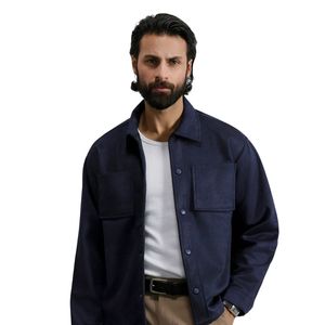 <b>Men</b> Navy Blue Utility Jacket Long Sleeve Button Closure Classic Collared Overshirt Modern Streetwear Fashion Clothing - Product Image 1
