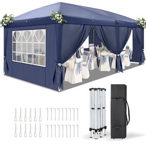 Tenda a baldacchino istantanea blu 3x6m con 6 pannelli laterali, 2 porte, 4 finestre in rete, telaio in acciaio verniciato a polvere 28/22mm, singolo 10x20mm - Product Image 3