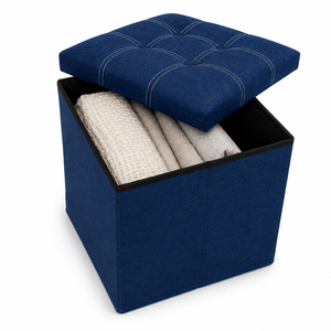 Premium Foldable Modern Fabric <b>Storage</b> Ottoman in Navy Blue for Living Room Hotel & Gym Use - Product Image 2