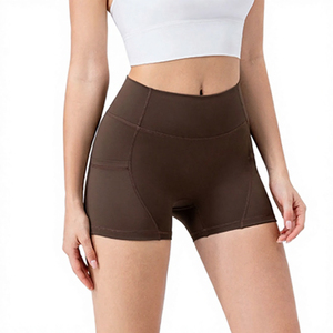 Shorts de vélo marron taille mi-haute pour femme, personnalisables, avec poches, respirants, en polyester/nylon tricoté, coupe sportive, élastique uni - Product Image 3