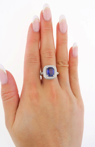 Bague cocktail saphir taille émeraude, pierre naturelle, sertissage pavé, plaqué rhodium, argent 925, style glamour pour femme, fiançailles - Product Image 4