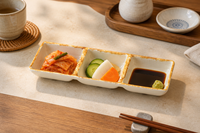 Plateau à condiments en mélamine 3 compartiments, aspect céramique, plat de service divisé, compatible lave-vaisselle, pour restaurants coréens, Banchan et Sushi