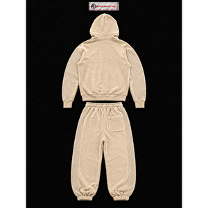 Conjunto de chándal de terciopelo beige para mujer, sudadera con capucha de cremallera completa y pantalones de pierna ancha, dos piezas, con pedrería, de lujo, estilo casual urbano, para correr - Product Image 6
