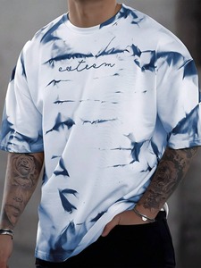 <b>Tie</b>-Dye Men's white Regular Fit Short Sleeve O-Neck Formal T-Shirt Front Logo Print 100% Cotton <b>Knitted</b> Loose Fit Oversized - Product Image 6