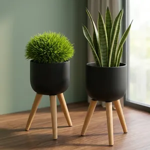 Ensemble de 2 jardinières en métal avec pieds en bois, noir, anti-rouille, rondes, pour plantes d'intérieur et d'extérieur, balcon, jardin, décoration de la maison - Product Image 5