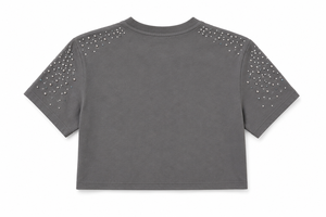 Haut court gris orné de strass, à manches courtes, col rond perlé, décontracté, pour femme, avec détails cloutés scintillants - Product Image 4