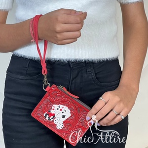 Handcrafted Personalized Hand Tooled Genuine Leather <b>Small</b> Card Holder <b>Wallet</b> Turquoise Leather Poker Design Slim Coin Storage - Product Image 1