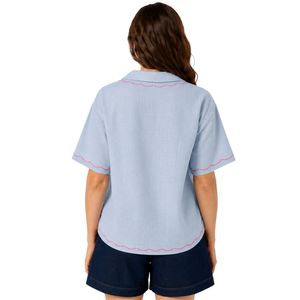 Camisa de Manga Corta para Mujer, Bordada con Flores Azul Claro, Blusa Informal de Verano de Algodón con Cuello y Botones, Tops de Moda Personalizados OEM - Product Image 2