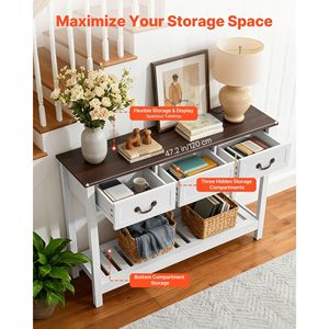 47-Inch Farmhouse <b>Console</b> <b>Table</b> with Bottom <b>Storage</b> Shelf and Drawers Wooden Rectangle Entrance for Behind the Couch Use - Product Image 4