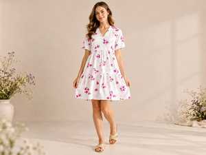 Robe Courte Évasée à Col en V Imprimé Floral, Manches Courtes, Coupe Ample, Décontractée, Respirante, 100% Coton Tissé, Ourlet Étages pour l'Été - Product Image 1